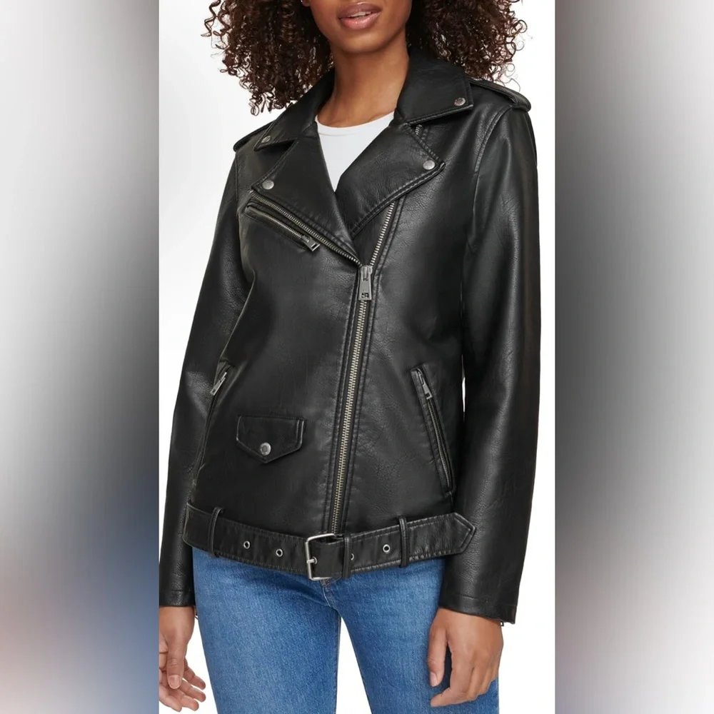 Levi's Womens Oversized Faux Leather Belted Motorcycle Jacket (Plus size option) - Picture 1 of 6